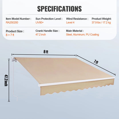 KFFKFF Patio Awning Retractable 8' x 7' Awning Sunshade Shelter with Crank Handle