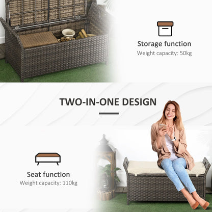 DUOSONG Outsunny 27 Gallon Patio Wicker Storage Bench, Outdoor Pe Rattan Patio Furniture, 2-In-1 Large Capacity Rectangle Garden Storage Box With Handles And Cushion, Cream White Brown+White Steel