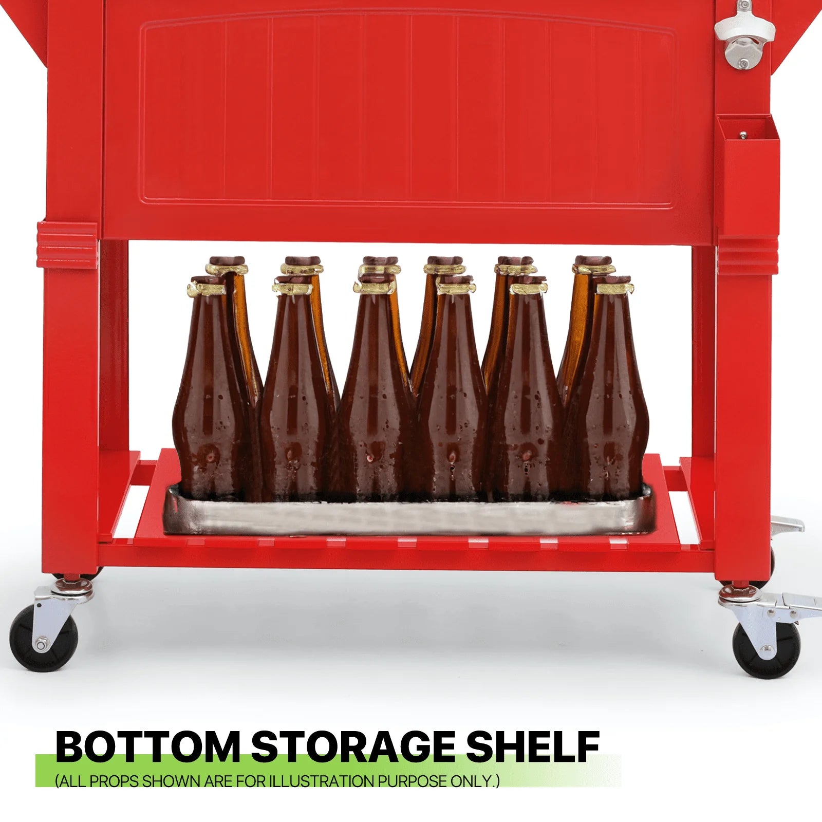 Magshion Rolling Patio Cooler Ice Chest with Wheels & Ice Scoop, Outdoor Cold Drink Beverage Bar Cart with Storage Shelf & Bottle Opener Deck Backyard Party Tub Trolley Cart, Red