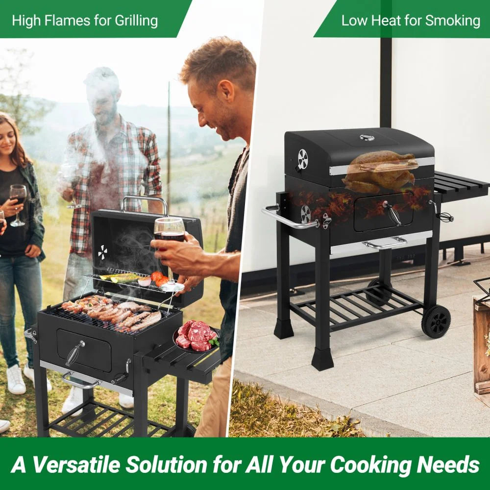 IVV Outdoor Charcoal Grill with Foldable Side Table, Moveable BBQ Grill w/Built-in Thermometer, Removeable Ash Rray Perfect for Picnics Patio Garden and Backyard Grilling, Black