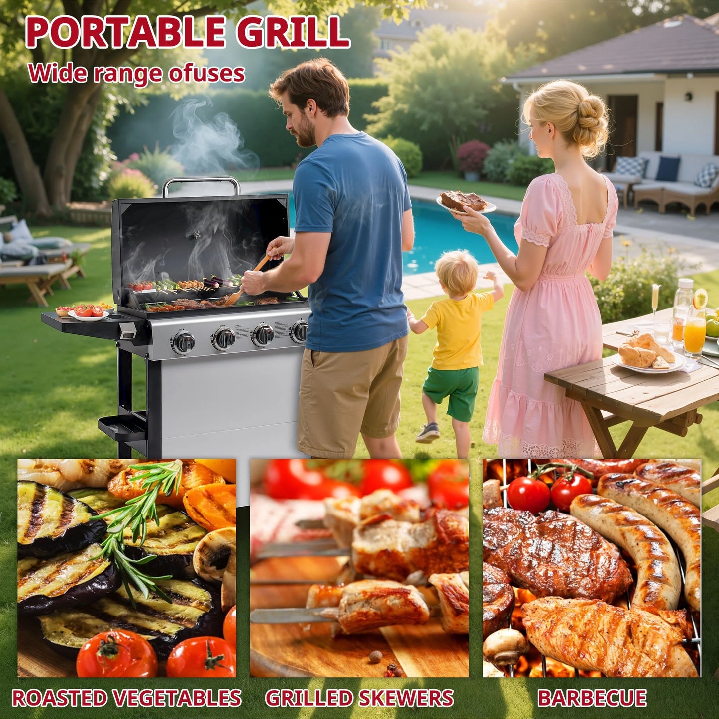 4000BTU Propane Gas Grill, Seizeen Stainless Steel 4-Burner BBQ Grill , Outdoor Patio Camping Portable Grill w/Foldable Side Table, Hanging Basket, Steel Brush, Universal Wheels