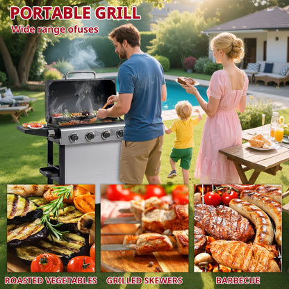 4000BTU Propane Gas Grill, Seizeen Stainless Steel 4-Burner BBQ Grill , Outdoor Patio Camping Portable Grill w/Foldable Side Table, Hanging Basket, Steel Brush, Universal Wheels