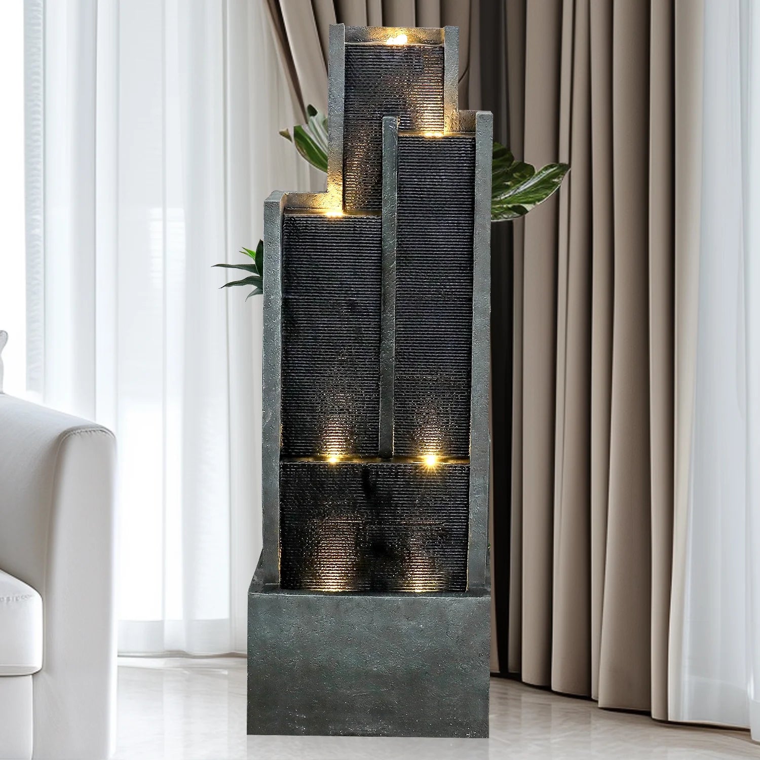 4-Tier Water Fountain with LED Lights - 50.7" H Waterfall Fountain Indoor Outdoor Water Feature for Home, Patio, Garden