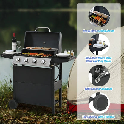 Propane Gas 4 Burner Barbecue Grill, Stainless Steel 34,000 BTU Patio Garden Barbecue Grill with Two Shelves, Lid, Wheels and Bottle Opener