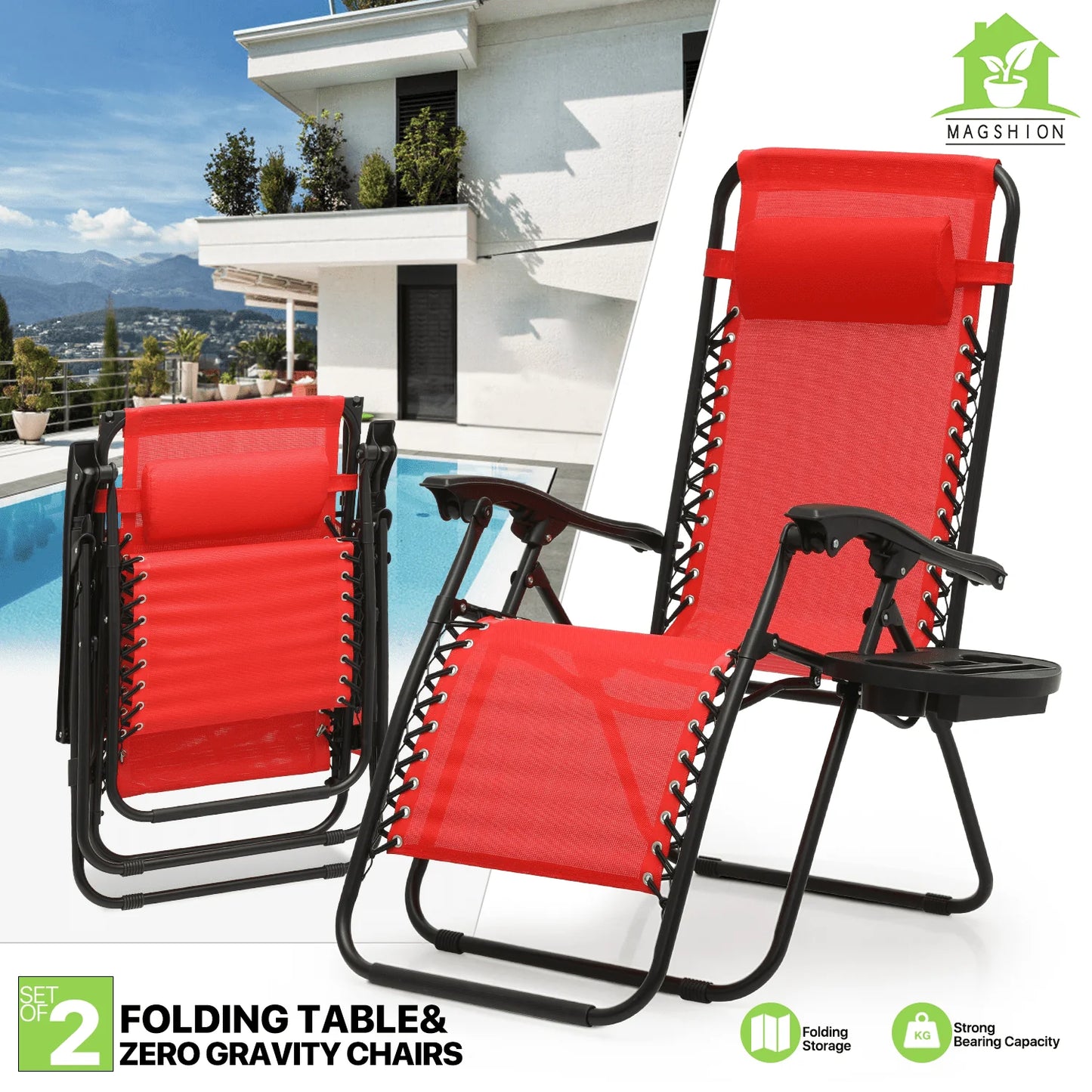 Magshion 2PCS Zero Gravity Foldable Chairs Set Adjustable Recliners with Pillow Outdoor Lounge Chaise Built-in Cup Holder for Camping Patio Porch Beach Backyard Garden, Red