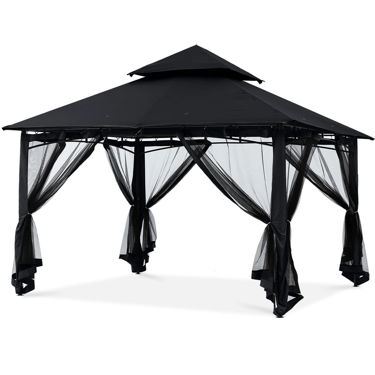 MASTERCANOPY 9' x 9' Outdoor Patio Gazebo Double Roof Steel Frame with Mesh Walls, Black