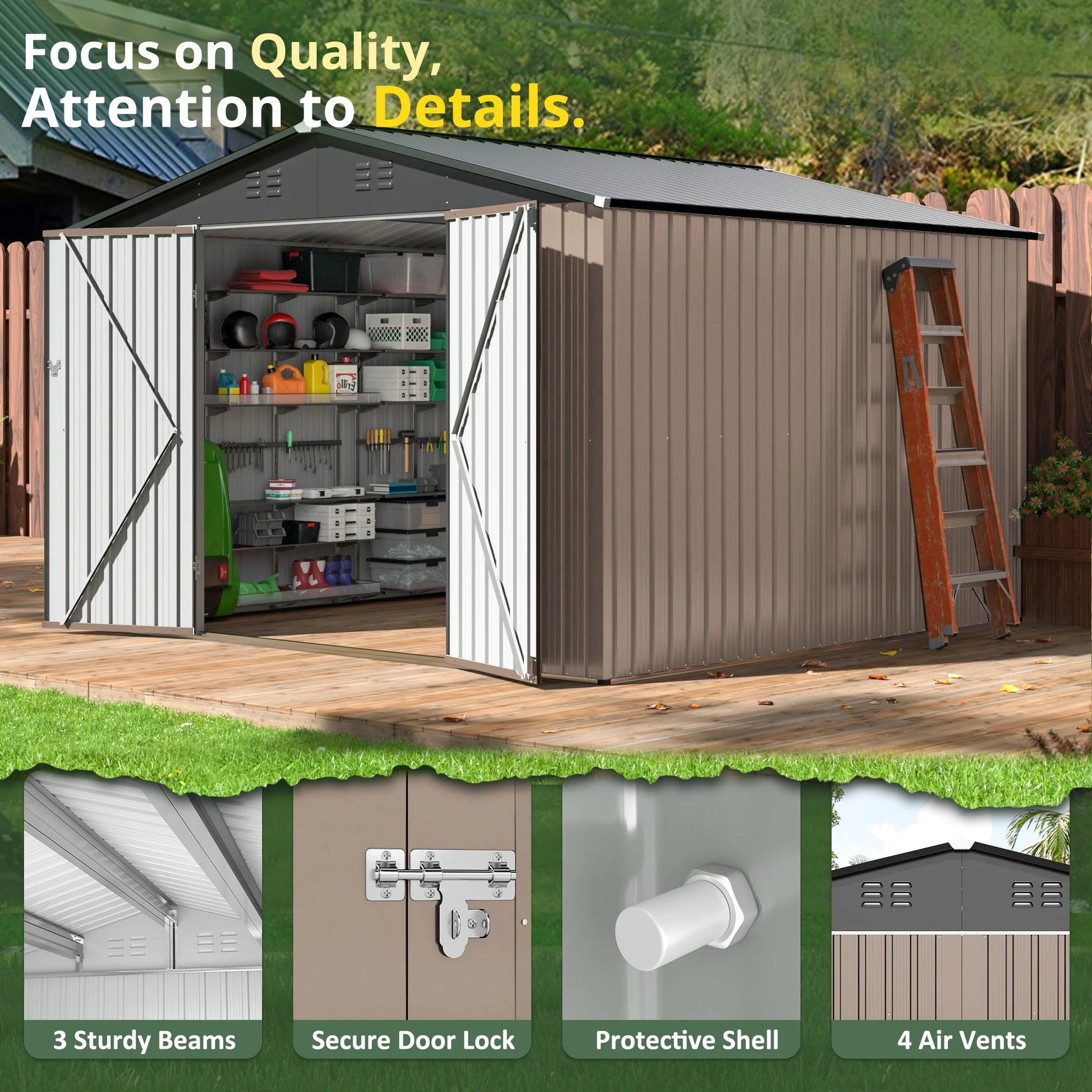 NETAJE 5'x3' Outdoor Metal Storage Shed with Updated Frame Structure and Lockable Doors for Backyard Garden Patio Lawn, Brown