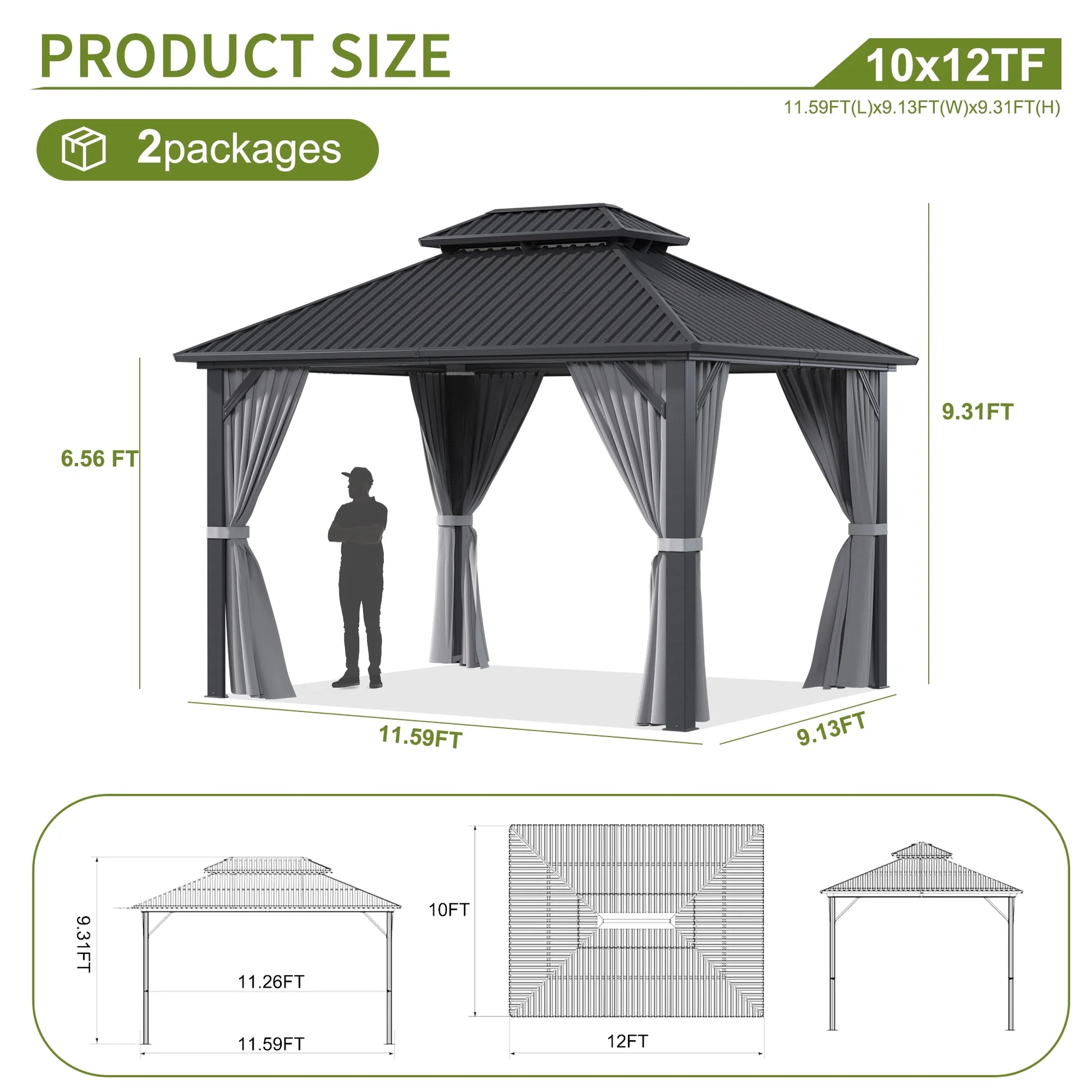 MUCHANT 10'x12' Hardtop Gazebo with Aluminum Frame, Permanent Outdoor Pavilion Metal Gazebo with Galvanized Steel Double Roof & Mosquito Netting and Curtains for Patios, Gardens, Lawns, Gray