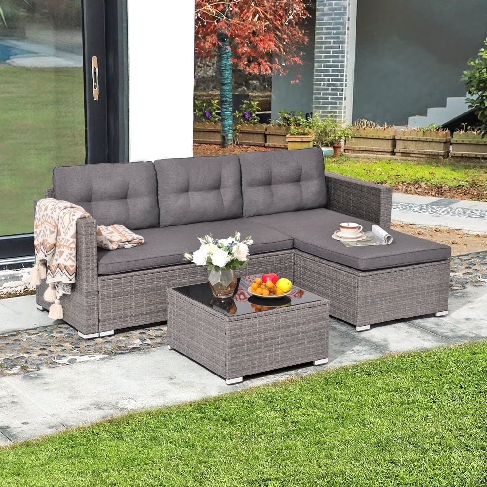 JOIVI 3 Pieces Patio Conversation Set, PE Wicker Rattan Outdoor Furniture Set, 2 Ways Small Sectional Sofa, Tempered Glass Coffee Table, Silver-Gray