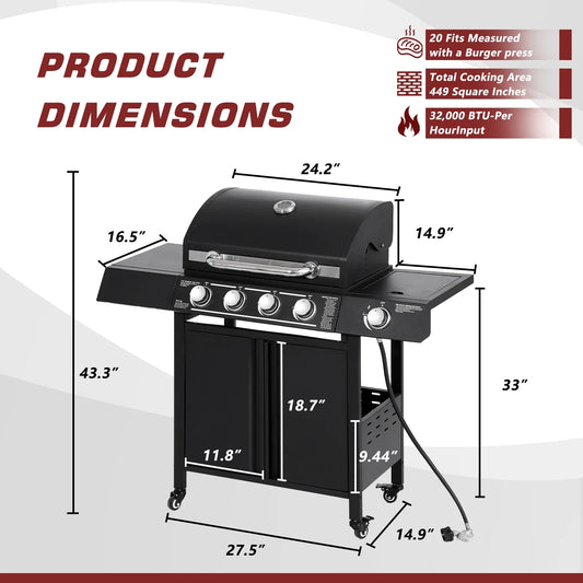 Haverchair 4-Burner Gas BBQ Grill, Cast Iron Barbecue Gas Grill with Side Burner and Bottle Opener for Outdoor Patio Garden Picnic Backyard Cooking, 50,000BTU Black