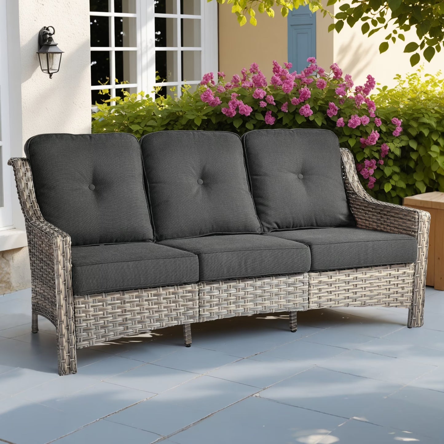 Ovios Outdoor Patio Sofa 3-Seater with Cushions All-Weather Wicker Rattan Couch for Garden, Porch, or Backyard