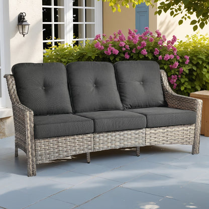 Ovios Outdoor Patio Sofa 3-Seater with Cushions All-Weather Wicker Rattan Couch for Garden, Porch, or Backyard