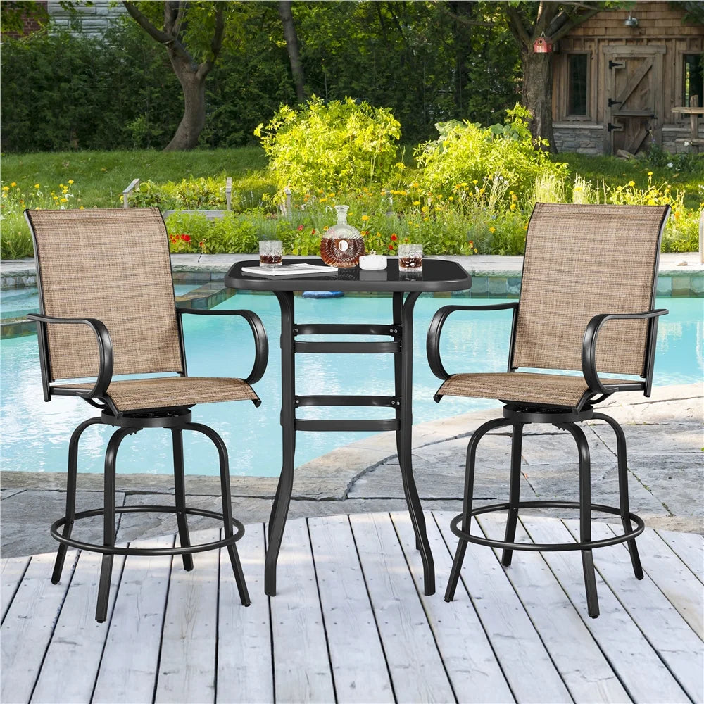 Topeakmart 2pcs Texteline Swivel Garden Patio Bistro Chairs with Footrests, Black/Brown