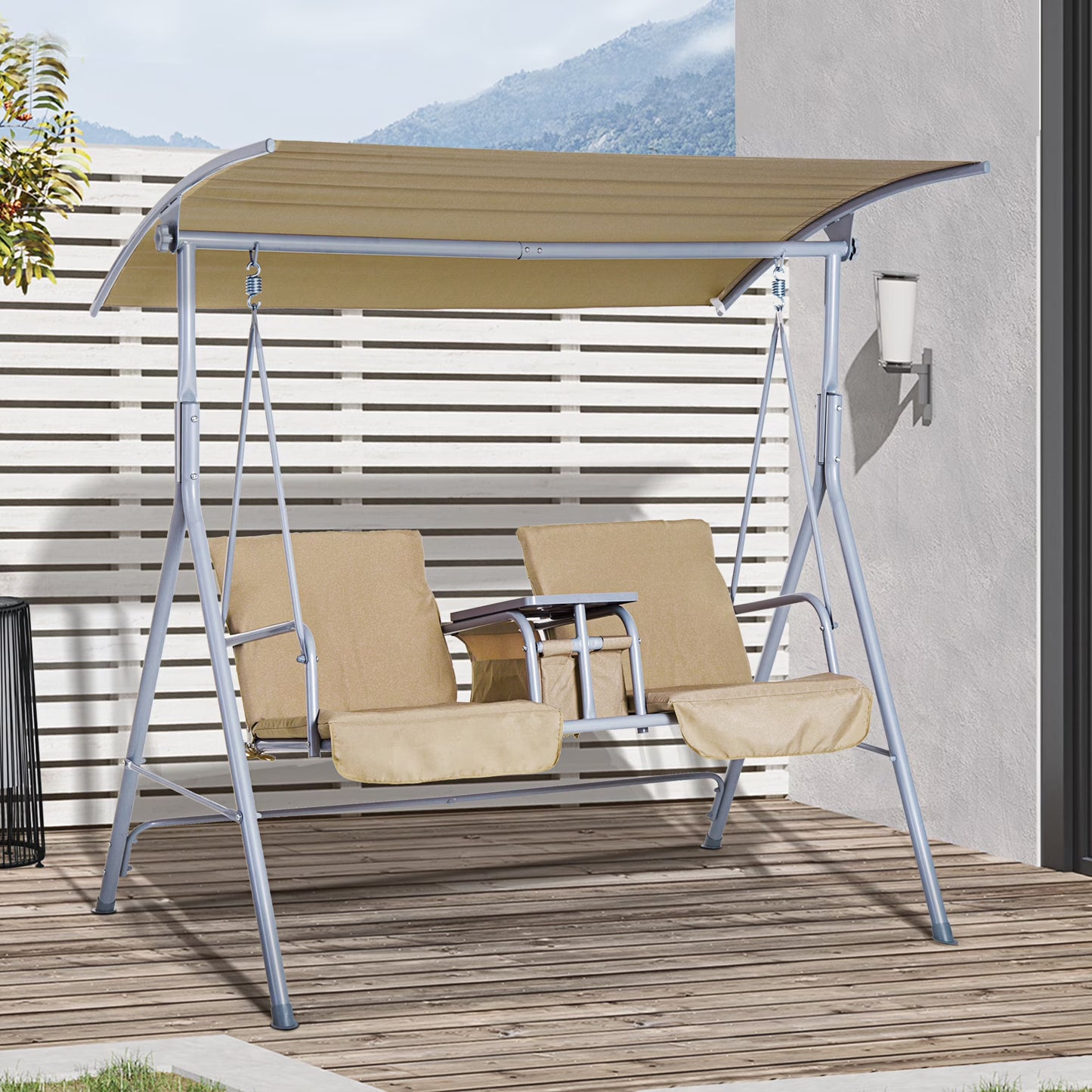 Outsunny 2 Person Porch Swing with Stand, Outdoor Swing with Canopy, Pivot Storage Table, 2 Cup Holders, Cushions for Patio, Backyard, Dark Blue