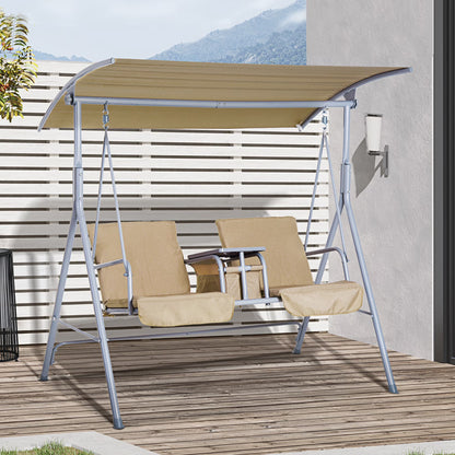 Outsunny 2 Person Porch Swing with Stand, Outdoor Swing with Canopy, Pivot Storage Table, 2 Cup Holders, Cushions for Patio, Backyard, Dark Blue