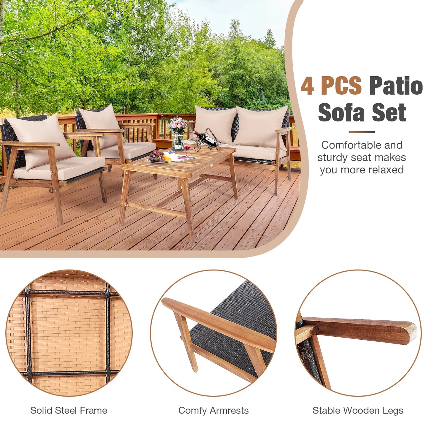 Patiojoy 8PCS Patio Rattan Furniture Set Wood Frame Cushioned Sofa with Coffee Table Sectional Conversation Sofa Set for Garden Brown