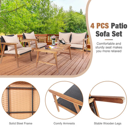 Patiojoy 8PCS Patio Rattan Furniture Set Wood Frame Cushioned Sofa with Coffee Table Sectional Conversation Sofa Set for Garden Brown