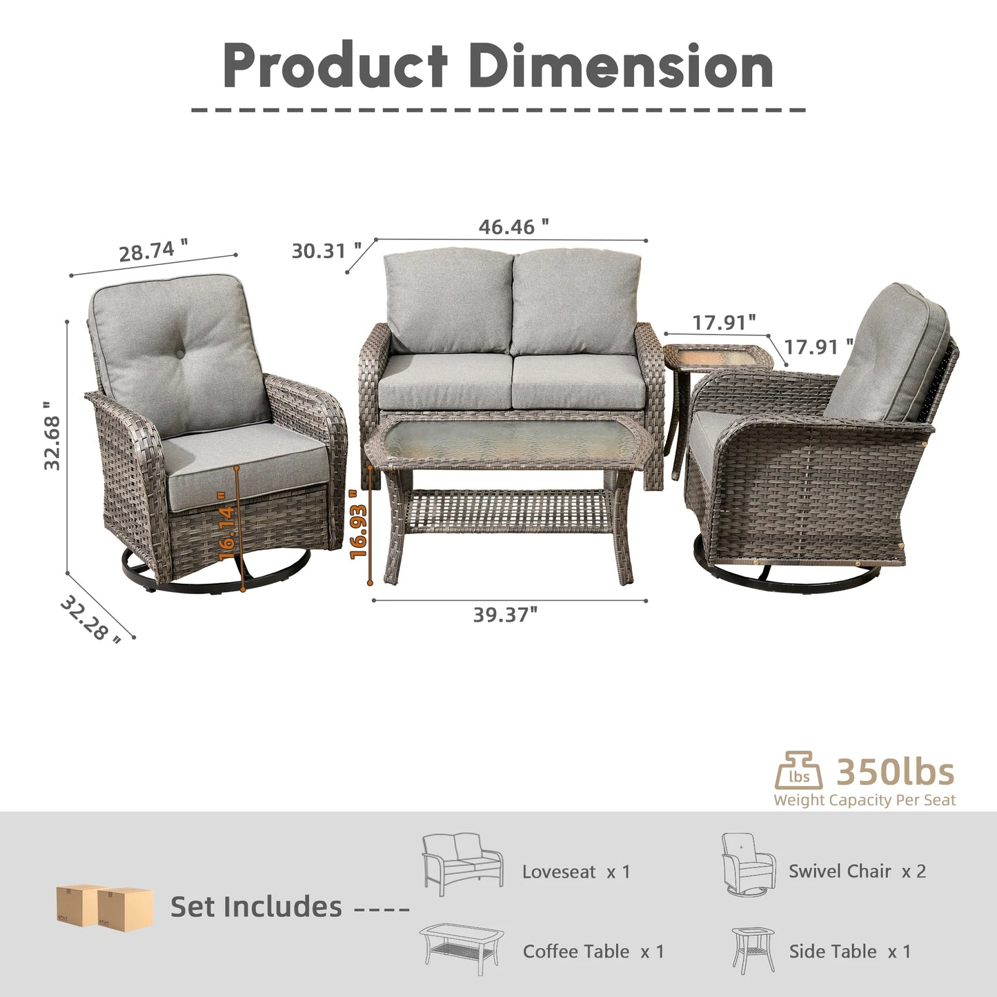 Ovios 5 Pieces Outdoor Patio Furniture Set High Back All Weather Wicker Conversation Set with Swivel Chairs & Coffee Table, Dark Gray