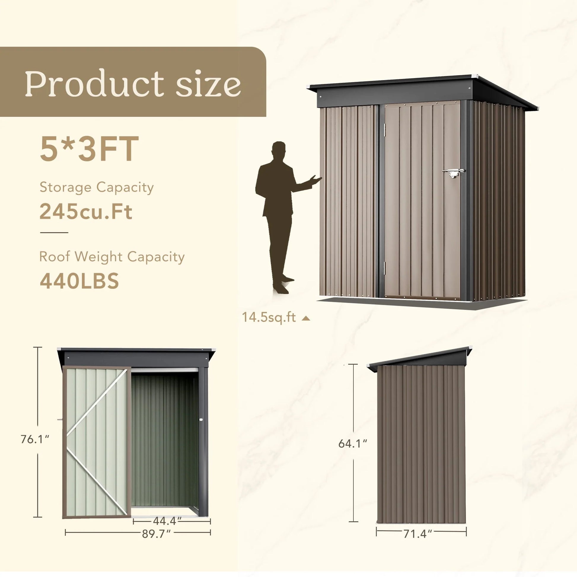 Vineego Metal Outdoor Storage Shed 5FT x 3FT, Steel Utility Tool Shed Storage House with Door & Lock, for Backyard Outdoor Patio,Brown