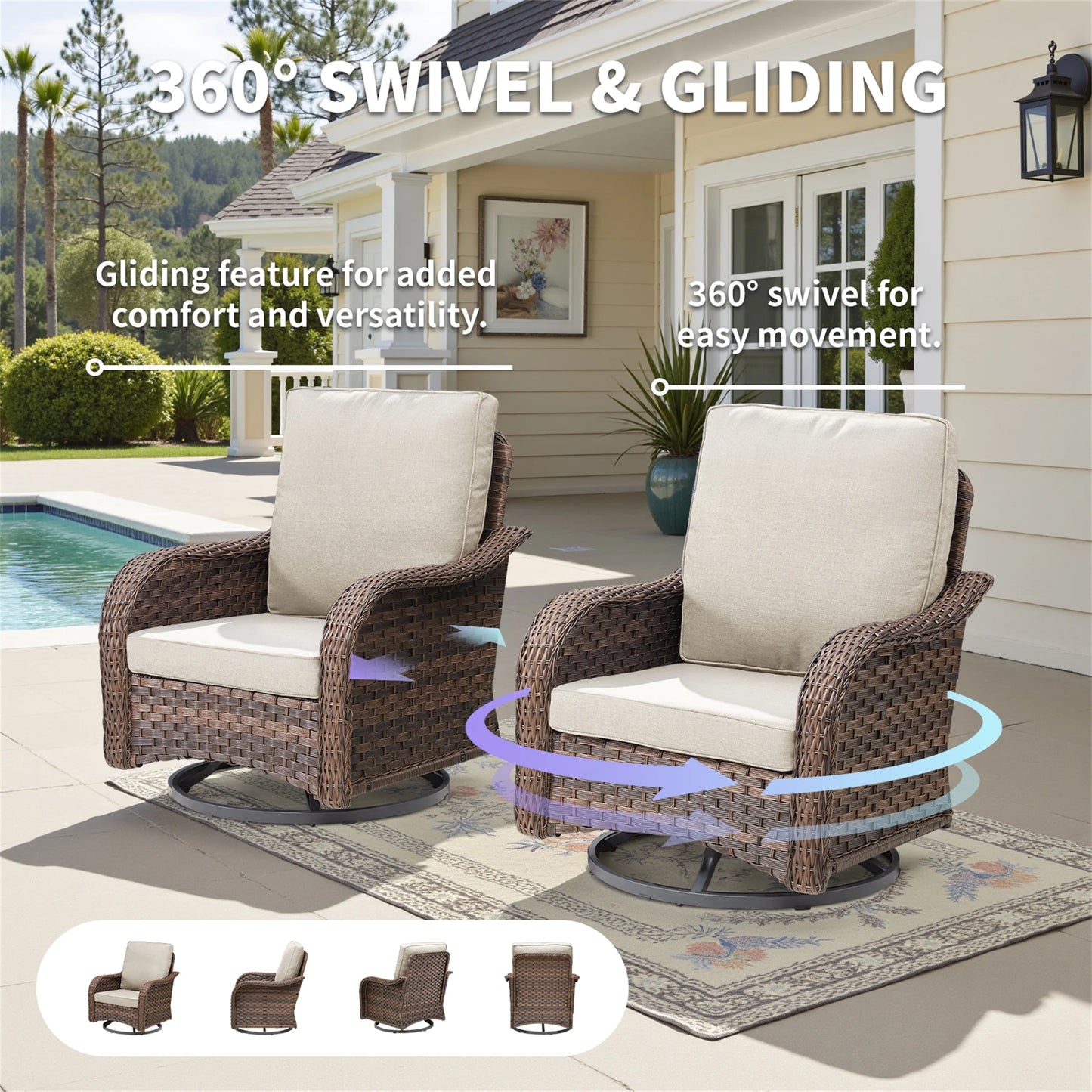 Planntonneo 5 Pieces Wicker Patio Furniture Set Deals, Outdoor Couch Set with Swivel Rocking Chairs and Ottomans for Porch Backyard Garden