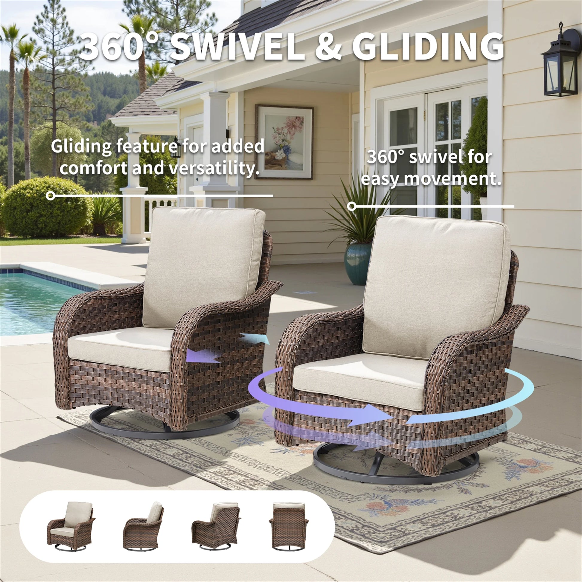 Planntonneo 5 Pieces Wicker Patio Furniture Set Deals, Outdoor Couch Set with Swivel Rocking Chairs and Ottomans for Porch Backyard Garden