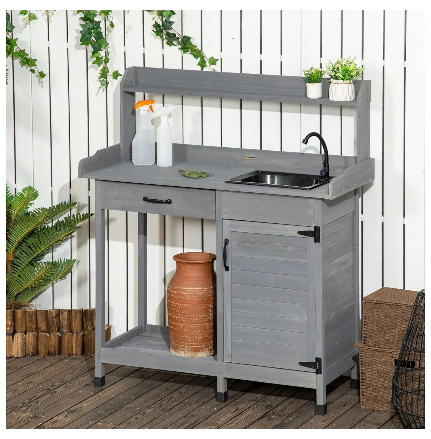 Outdoor Potting Bench with Sink - Garden Work Table with Storage, Gray - Greenhouse Patio Plant Station