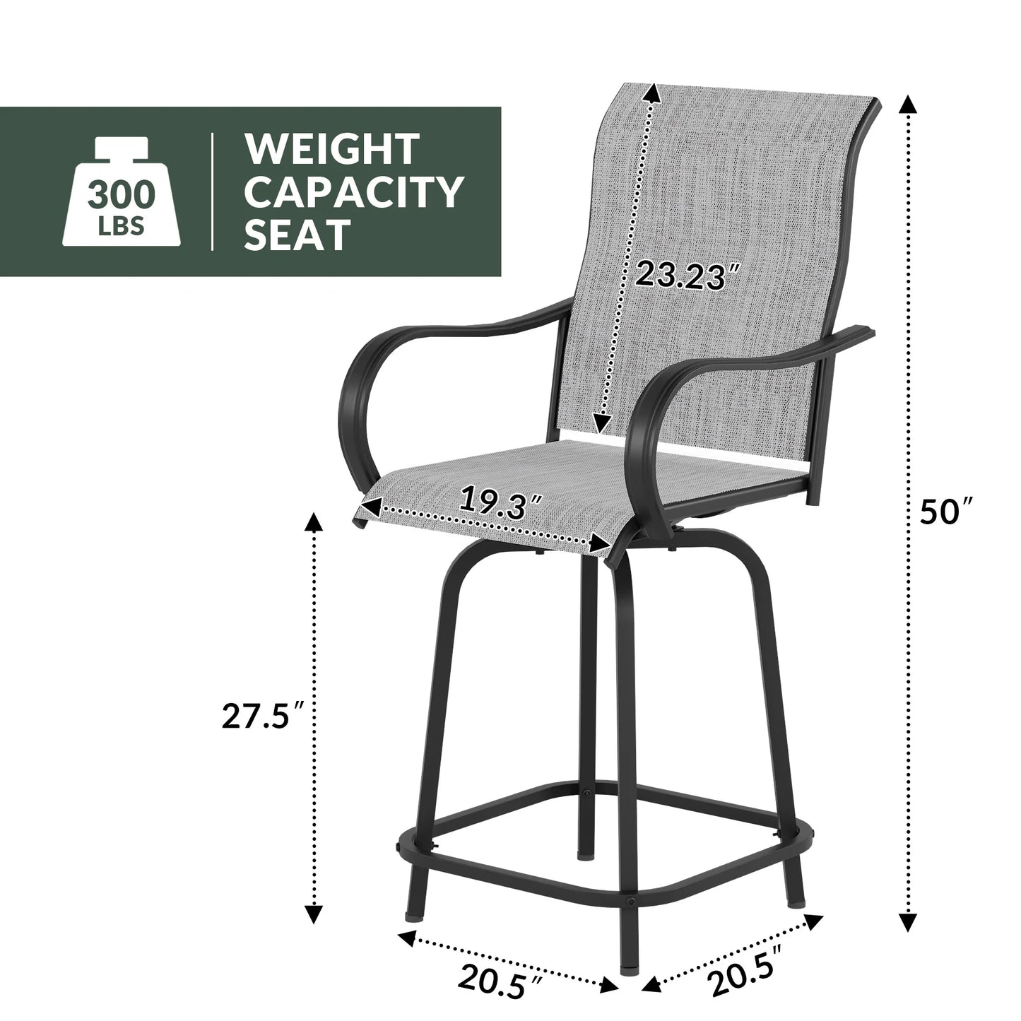 ELPOSUN Patio Swivel Bar Stools Chair of 2, Outdoor Bar Height Set, All Weather High Back and Armrest Rocking Stools & Bar Chairs for Backyard, Lawn Garden, Balcony and Pool, Grey White