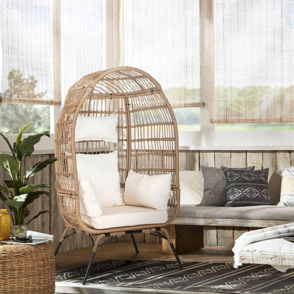 Eclife Outdoor Egg Chair Patio Wicker Lounge Chair with White Cushion Pillow for Home Pool Porch Garden Balcony