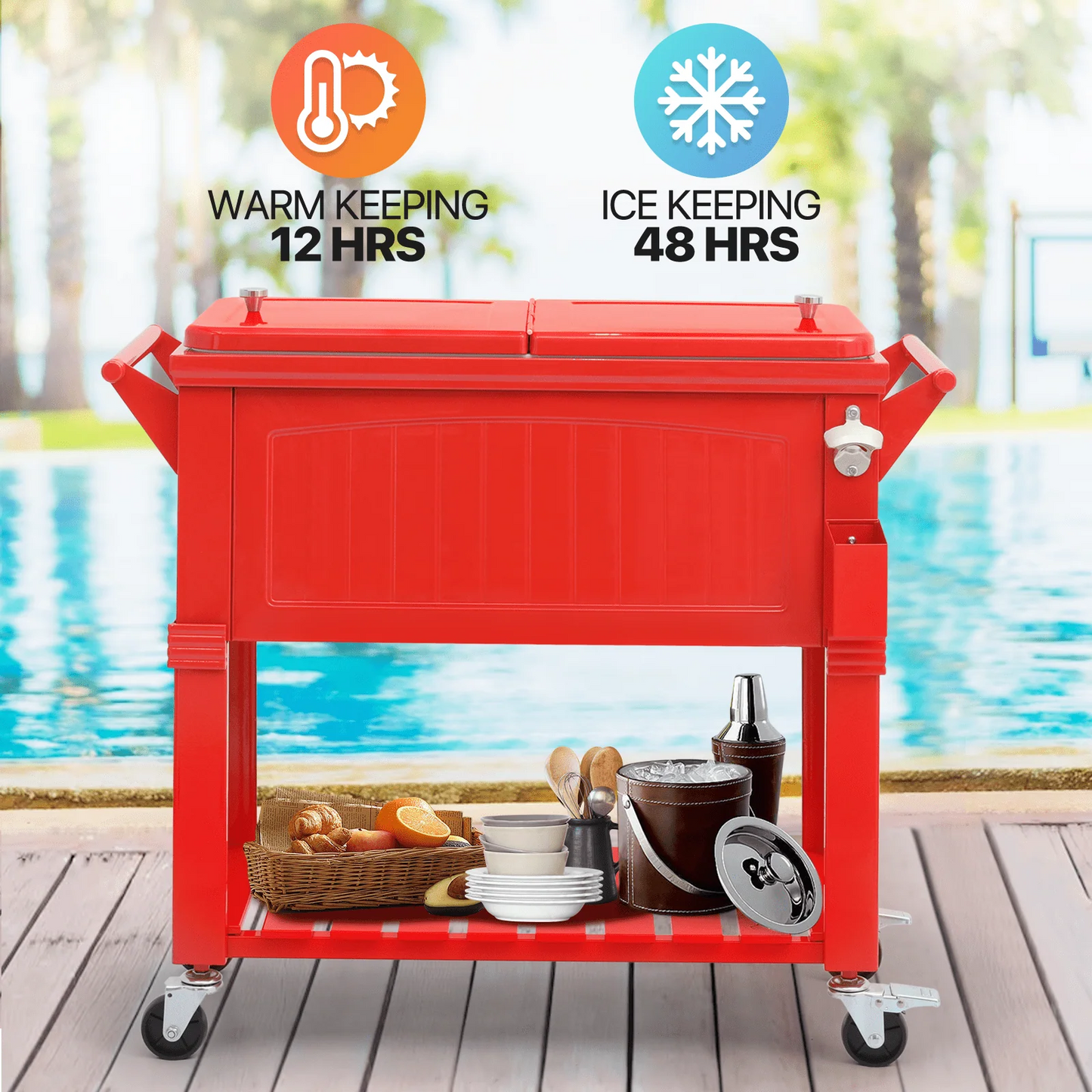 MADOG Portable Rolling Patio Cooler Ice Chest with Wheels Outdoor Cold Drink Beverage Bar Cart with Ice Scoop, Storage Shelf & Bottle Opener Deck Backyard Party Tub Trolley Cart, Red