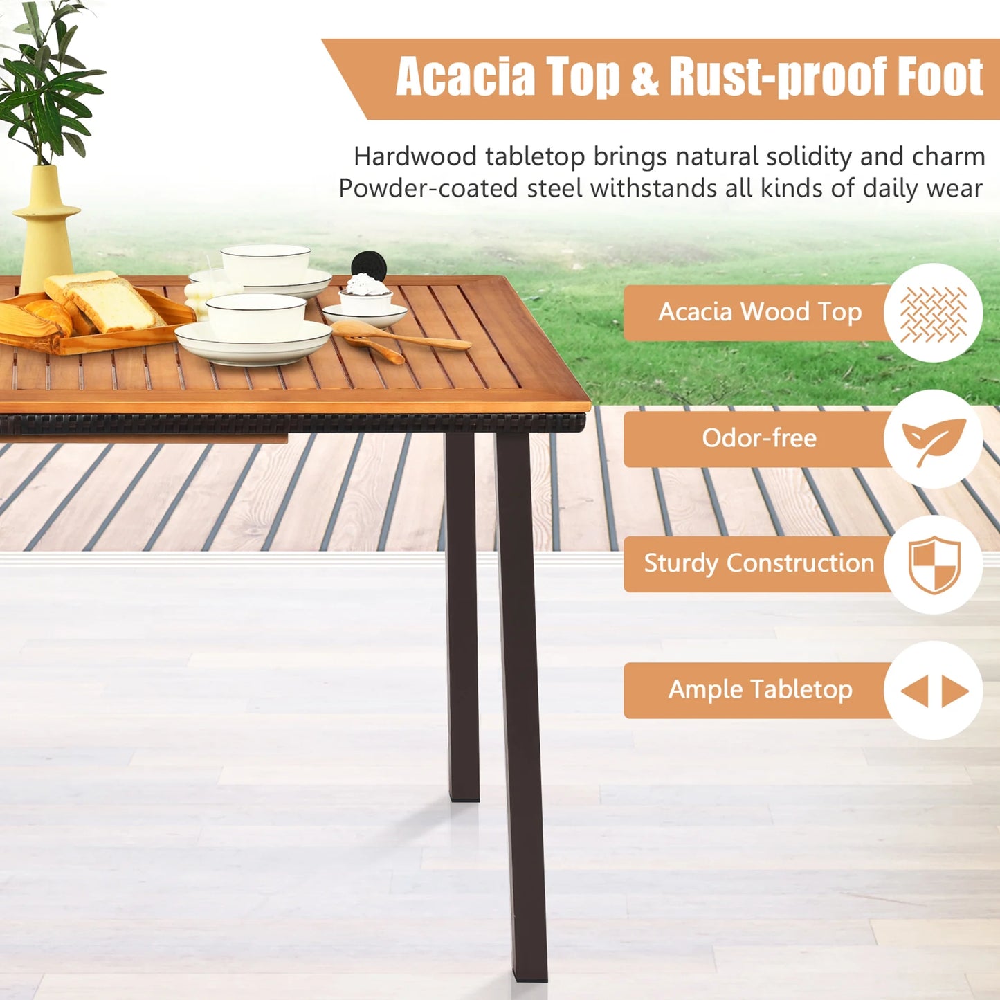 Gymax Rectangle Patio Outdoor Dining Table Acacia Wood Tabletop w/2'' Umbrella Hole
