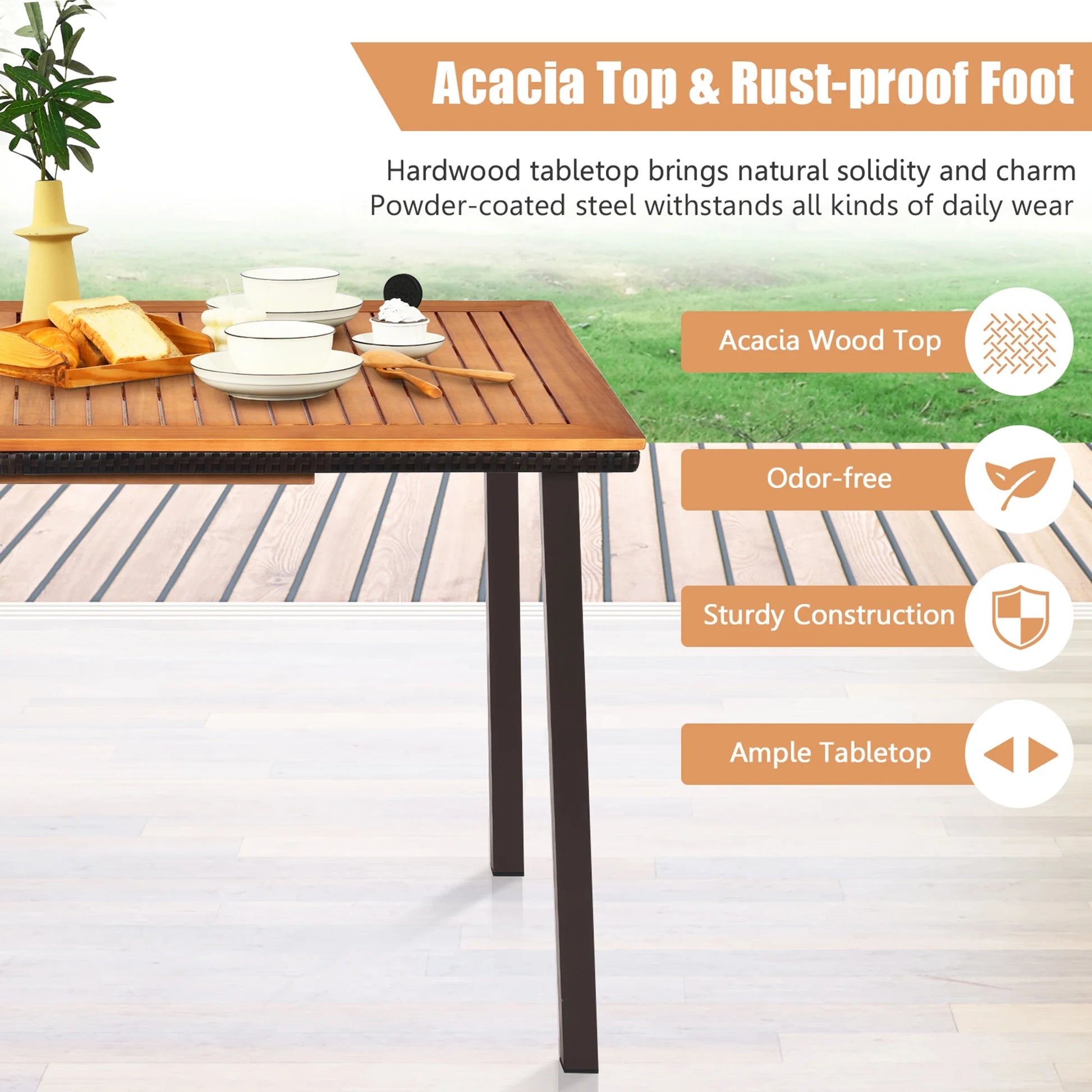 Gymax Rectangle Patio Outdoor Dining Table Acacia Wood Tabletop w/2'' Umbrella Hole