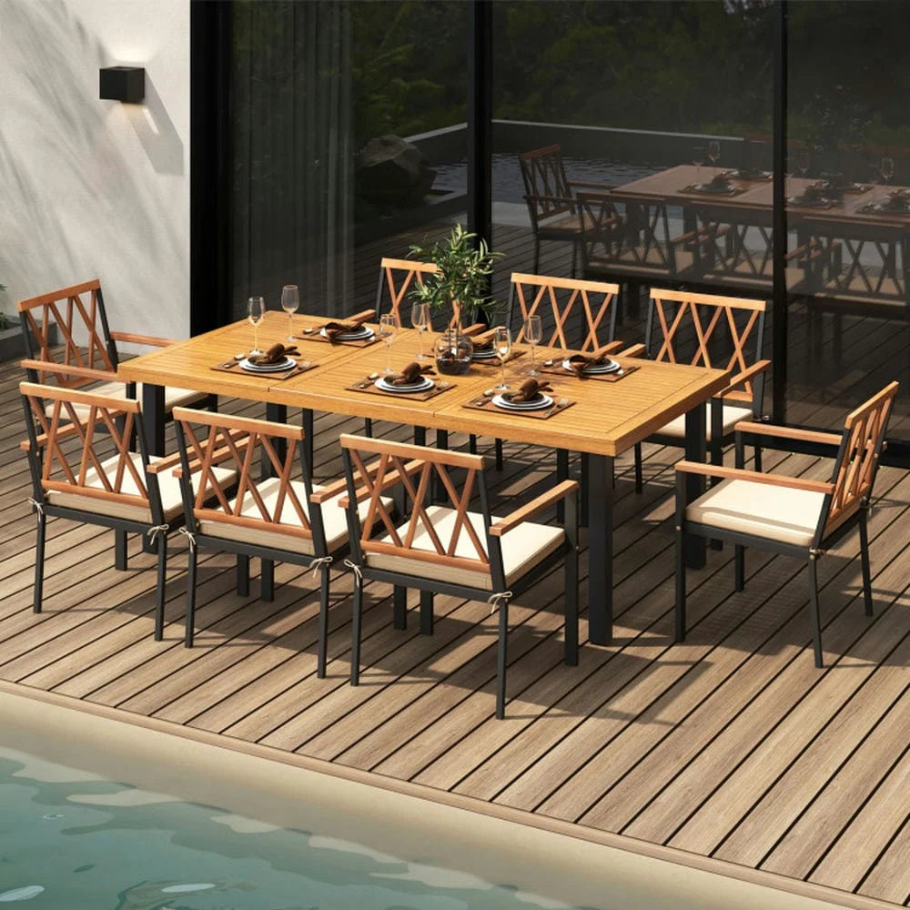 Spaco 8-Person Patio Table with 1.9 Inch Umbrella Hole, 79 Inch Acacia Wood Dining Table with Reinforced Metal Frame and Adjustable Foot Pads, Dining Table for Yard, Garden, Natural