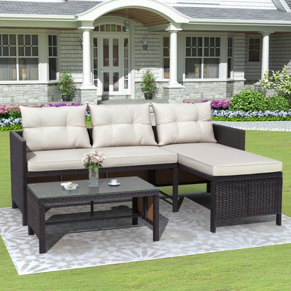3 Pieces Patio Furniture Sectional Set, Outdoor Furniture Set with Two-Seater Sofa, Lounge Sofa, Table & Cushion, PE Rattan Wicker Bistro Set, Conversation Set for Garden, Backyard