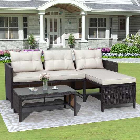 3 Pieces Patio Furniture Sectional Set, Outdoor Furniture Set with Two-Seater Sofa, Lounge Sofa, Table & Cushion, PE Rattan Wicker Bistro Set, Conversation Set for Garden, Backyard