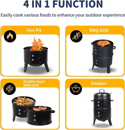 16 inch Vertical Charcoal Smoker, BBQ Grill, Fire Pit, 3-in-1 with Built-in Thermometer, Adjustable Air Vent, Idea for Parties, Backyard, Patio, Camping