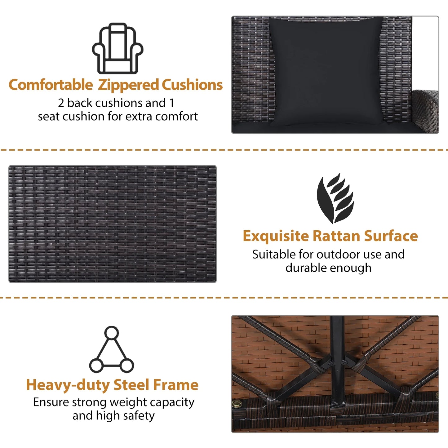 Topbuy Outdoor Wicker Porch Swing Bench 2-Person Patio Rattan Swing Chair W/Soft Cushions Black