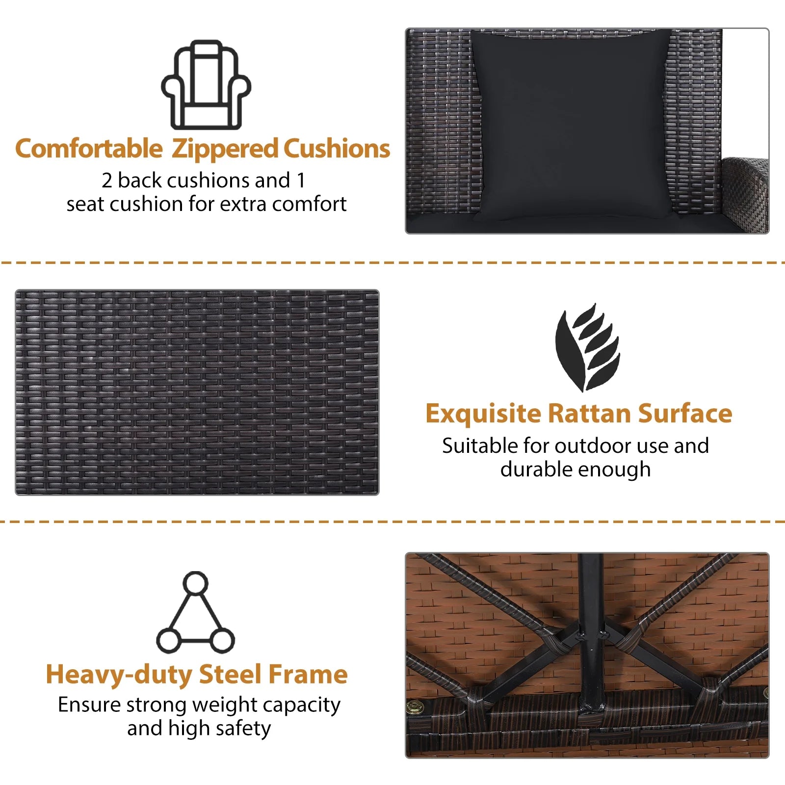 Topbuy Outdoor Wicker Porch Swing Bench 2-Person Patio Rattan Swing Chair W/Soft Cushions Black
