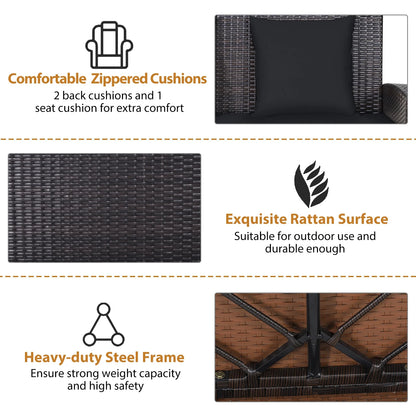 Topbuy Outdoor Wicker Porch Swing Bench 2-Person Patio Rattan Swing Chair W/Soft Cushions Black