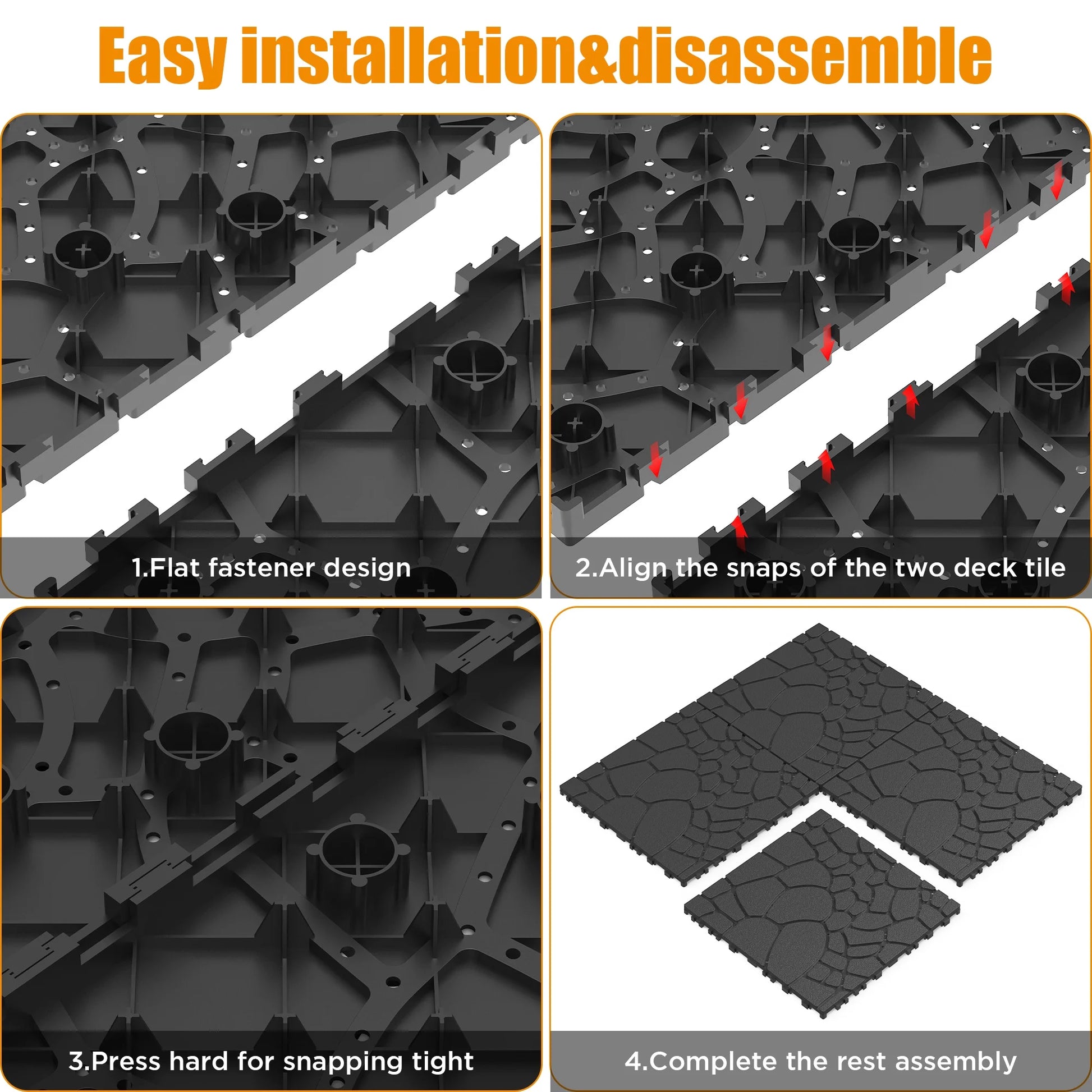 Miniyam 44 Pcs 12"x12" Interlocking Deck Tiles, Rubber Flooring, Patio Decking, Poolside, Dark Gray+Stone Texture