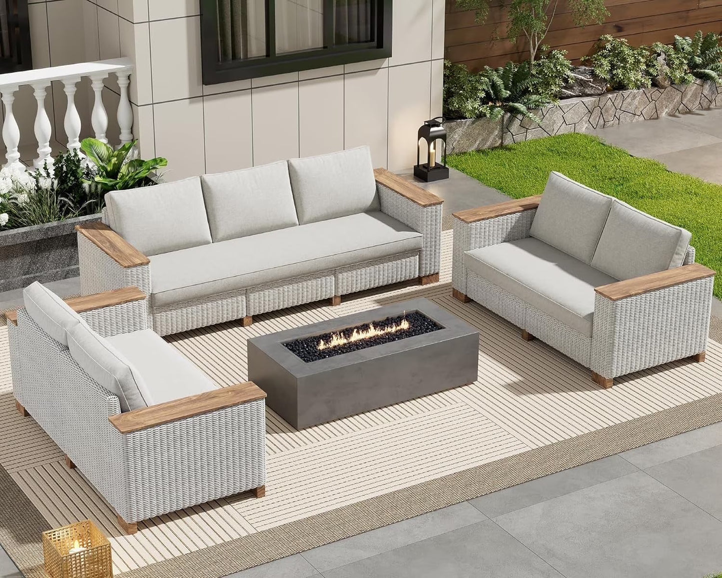 Jocisland Patio Furniture Set, 6 Piece Modular Rattan Outdoor Sectional Set with Washable Cushions, 3-Seat Outdoor Couch, 1 Loveseat, 1 Single Chair for Lawn Deck Backyard Garden, Beige