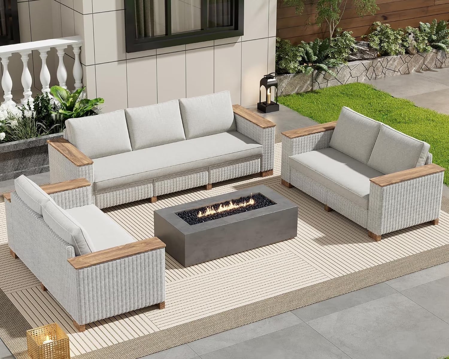 Jocisland Patio Furniture Set, 6 Piece Modular Rattan Outdoor Sectional Set with Washable Cushions, 3-Seat Outdoor Couch, 1 Loveseat, 1 Single Chair for Lawn Deck Backyard Garden, Beige