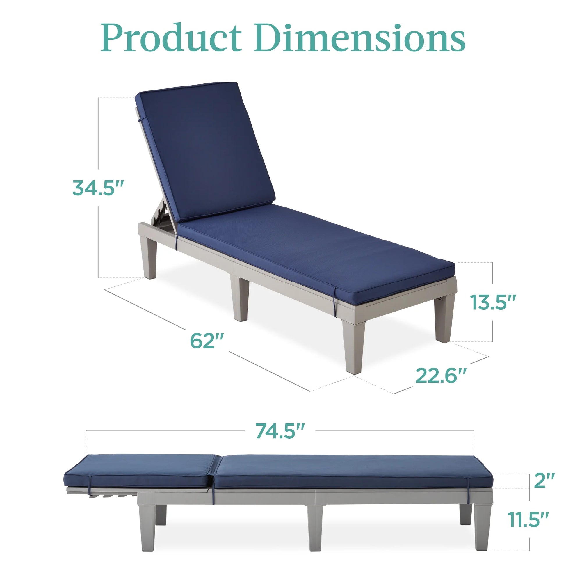 Best Choice Products Outdoor Lounge Chair, Resin Patio Chaise Lounger w/Seat Cushion, 5 Positions - Gray/Navy