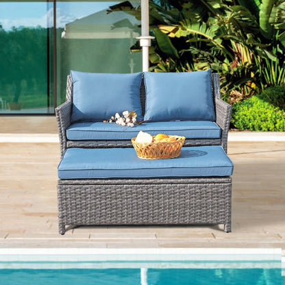 Outdoor Wicker Love Seat and Coffee Table Set, Weather Resistant Grey Rattan, Patio Furniture with Gray Cushions & Storage Bin