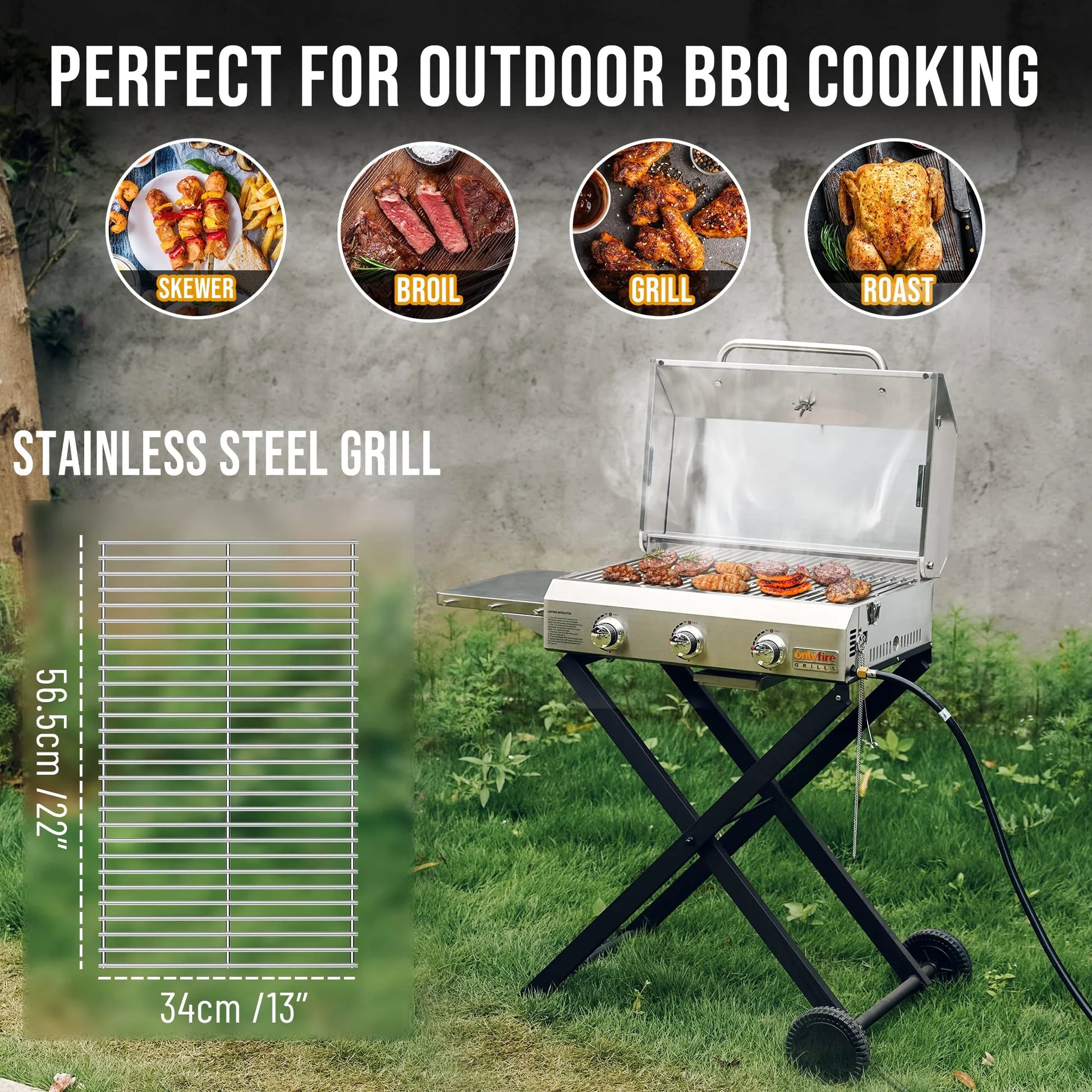 Hitechluxe 3-Burner Propane Gas Grill with Foldable Cart, Lid & Side Table for Outdoor Patio Backyard Barbecue Camping Tailgating RV Trip, Stainless Steel