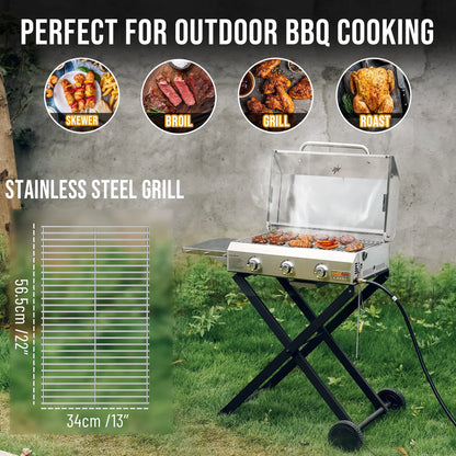 Hitechluxe 3-Burner Propane Gas Grill with Foldable Cart, Lid & Side Table for Outdoor Patio Backyard Barbecue Camping Tailgating RV Trip, Stainless Steel