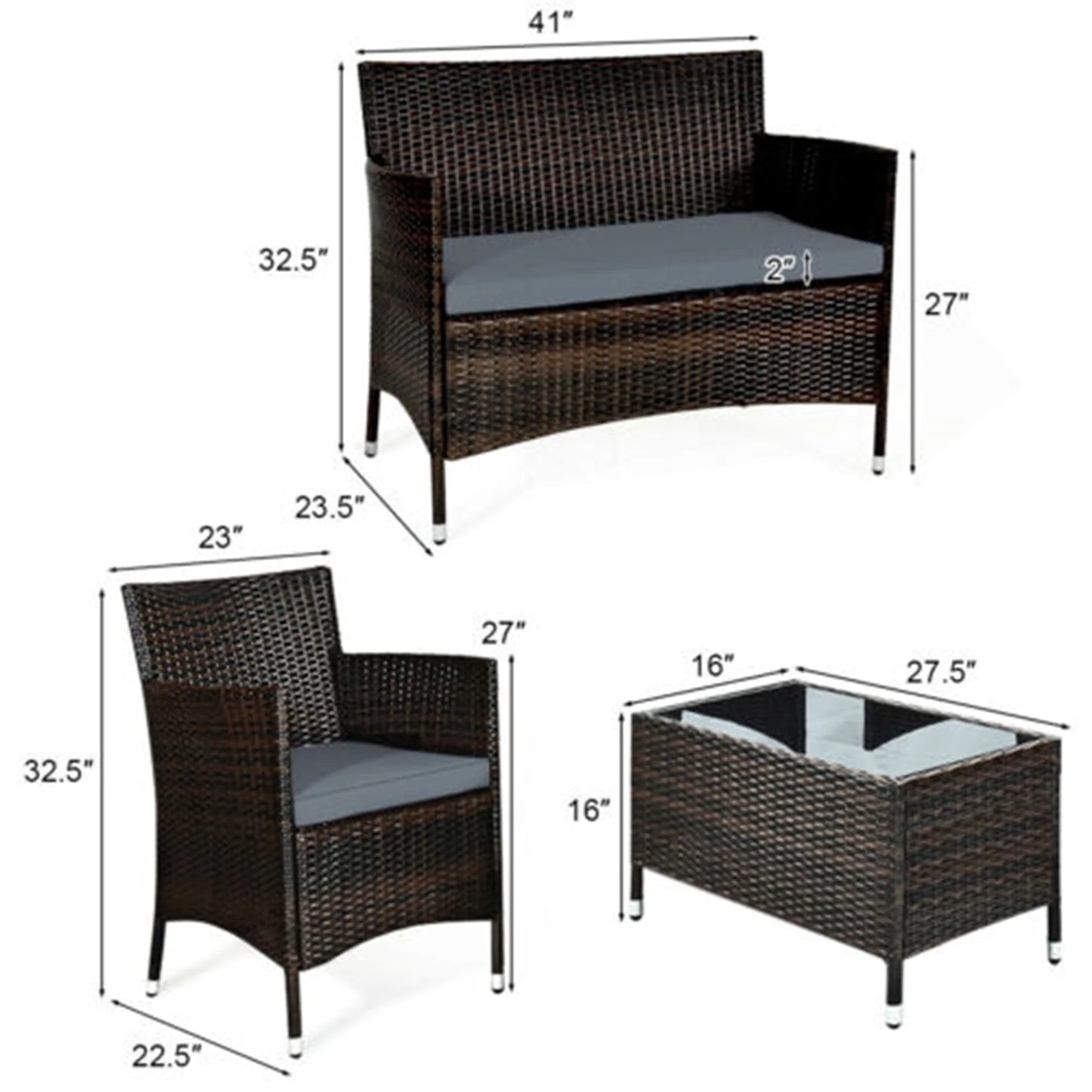 Gymax 4PCS Patio Rattan Conversation Furniture Set Outdoor w/Gray Cushion