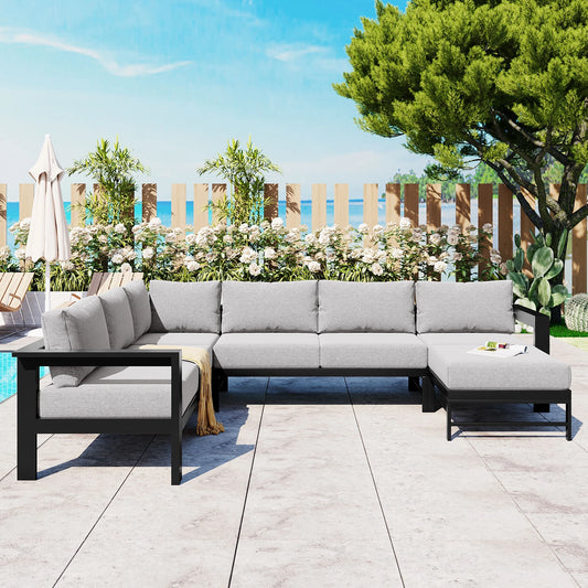 Furvclv 115.7in Modern Outdoor Sectional Sofa, 6 Seater Patio Conversation Couch Sets, U-Shaped Chaise Lounge Couch, Convertible Sofa Set For Outdoor Garden Porch