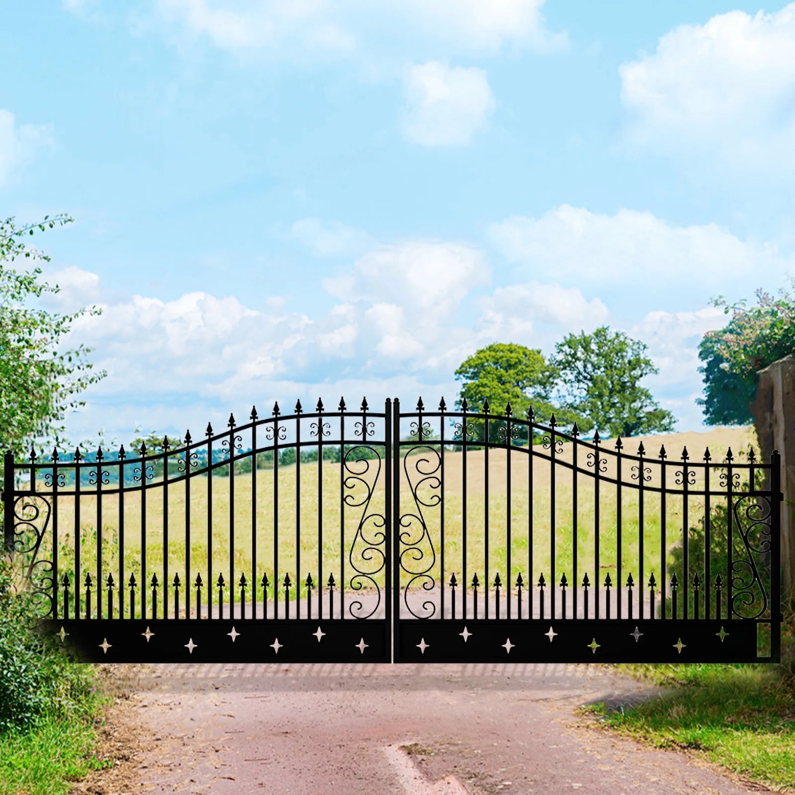 Outdoor Dual Swing Wrought Iron Gate for Driveway, Security Gate, Outdoor Fence Gate, Vienna Style for Yard, Backyard Patio 20'Star