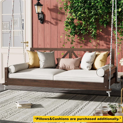 Wood Twin Size Patio Swing Bed, Modern Porch Swing Hanging Daybed with 16.4ft Hemp Ropes, Comfortable Porch Swing Bed for Relaxing on Patio, Porch, Backyard and Garden Spaces, White