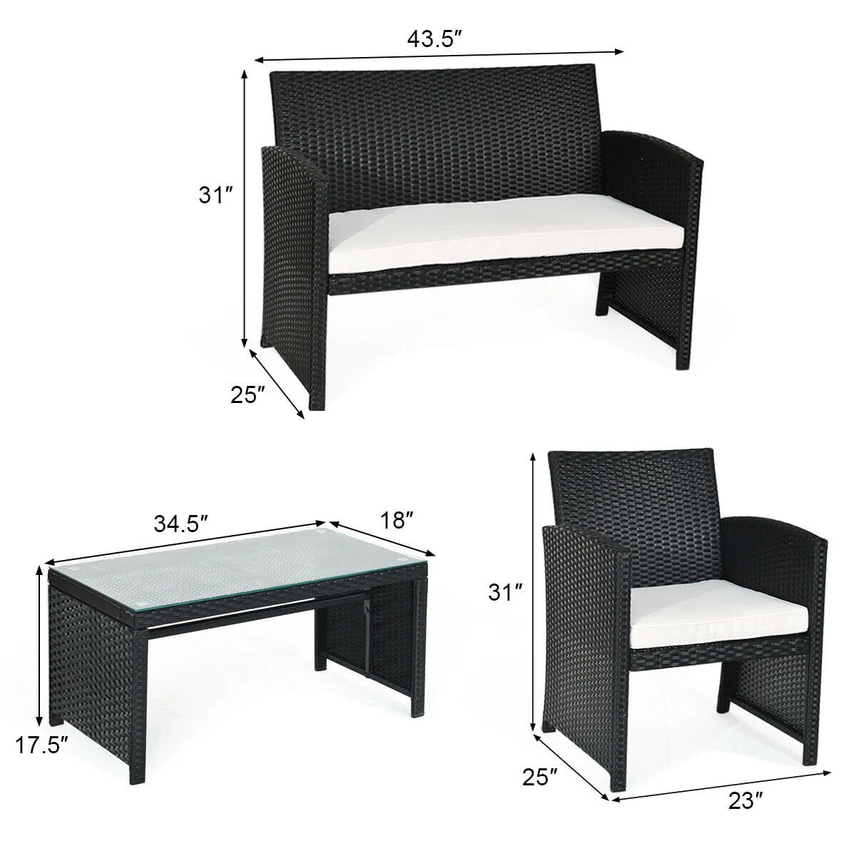 Costway 4PCS Patio Rattan Wicker Furniture Conversation Set Cushioned Sofa Table